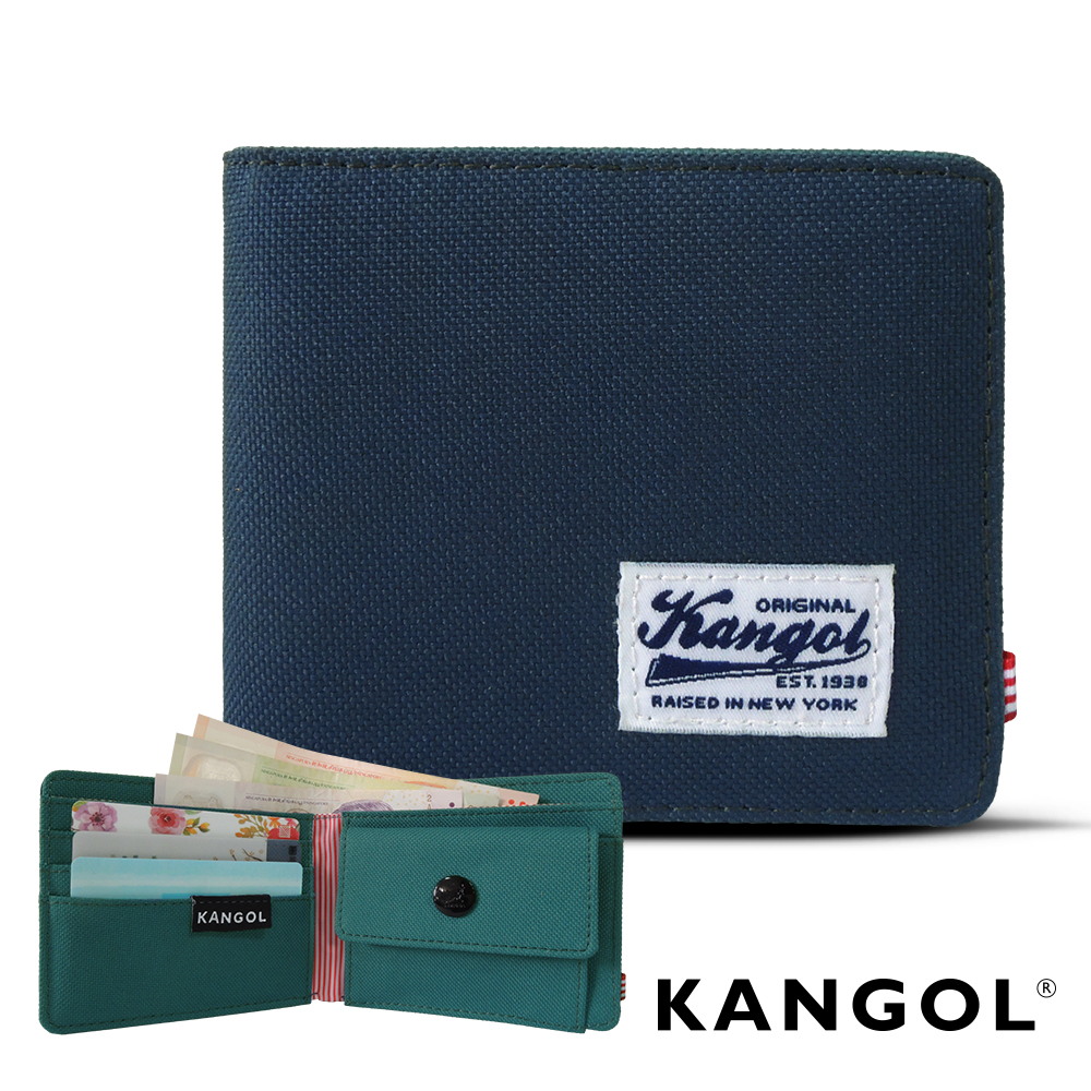 福利品 KANGOL 韓式潮流 多夾層/零錢袋橫式短皮夾+鑰匙圈禮盒-帆布拼貼藍