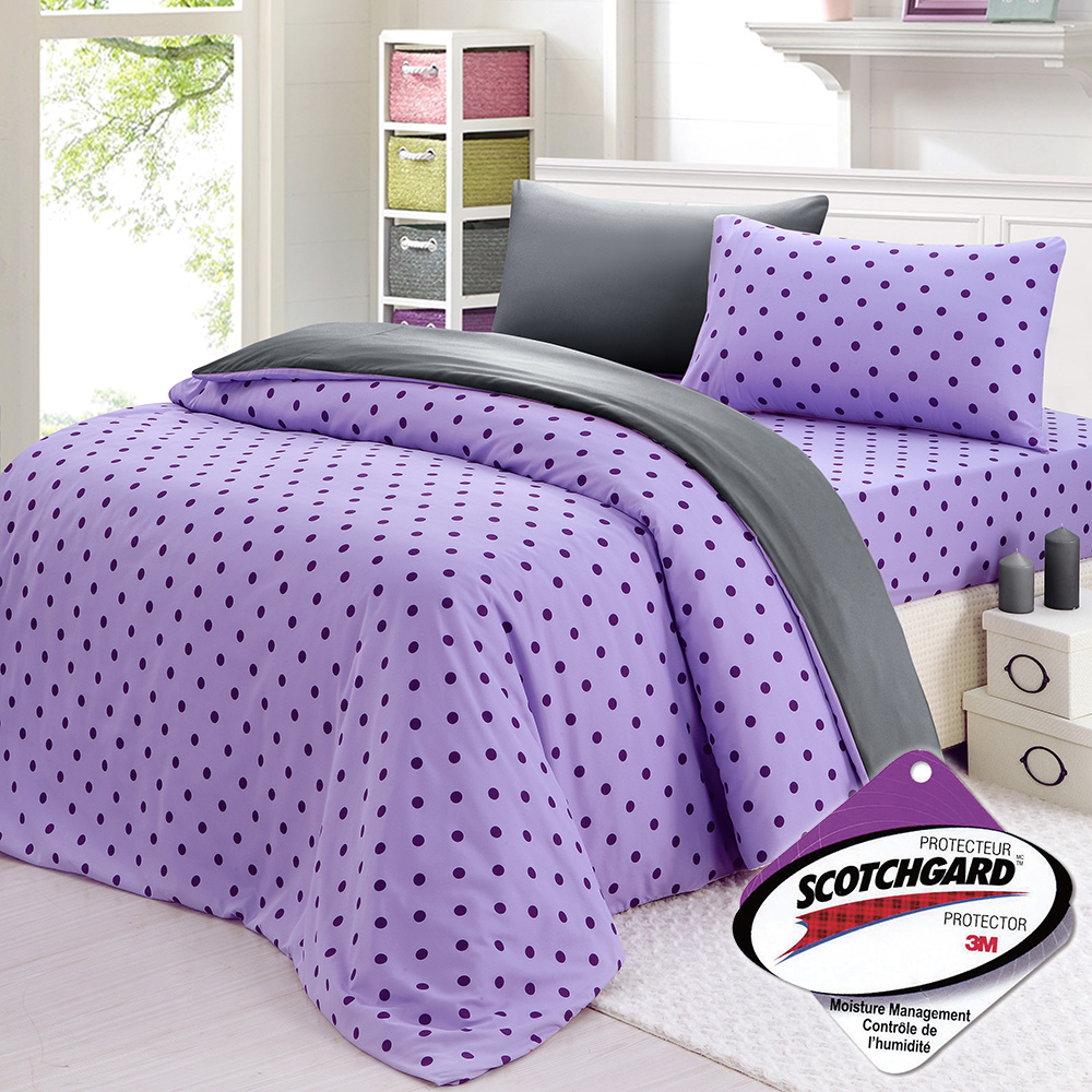 精靈工廠 3M吸濕排汗專利心漾點點加大三件式床包組-紫點+鐵灰