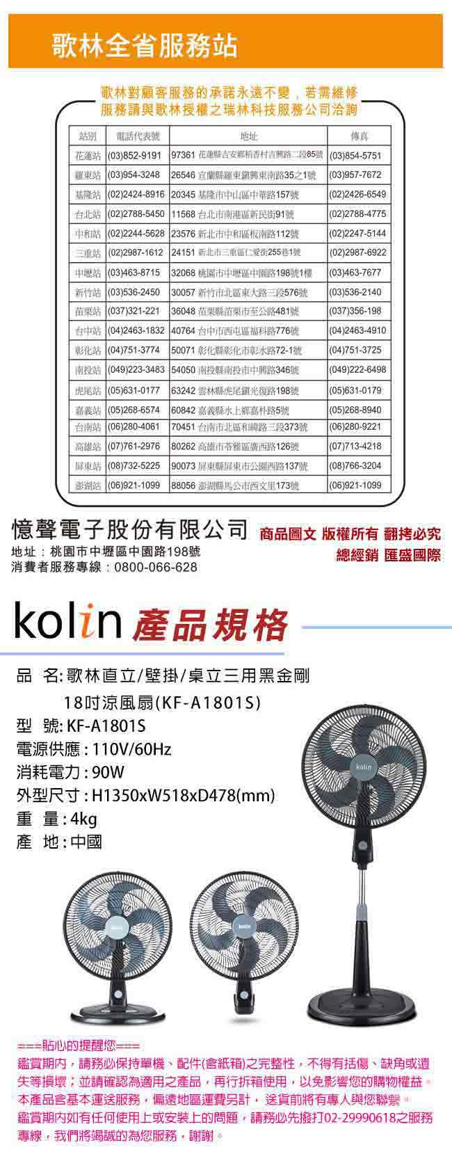 歌林KOLIN 直立/壁掛/桌立三用黑金剛18吋涼風扇(KF-A1801S)