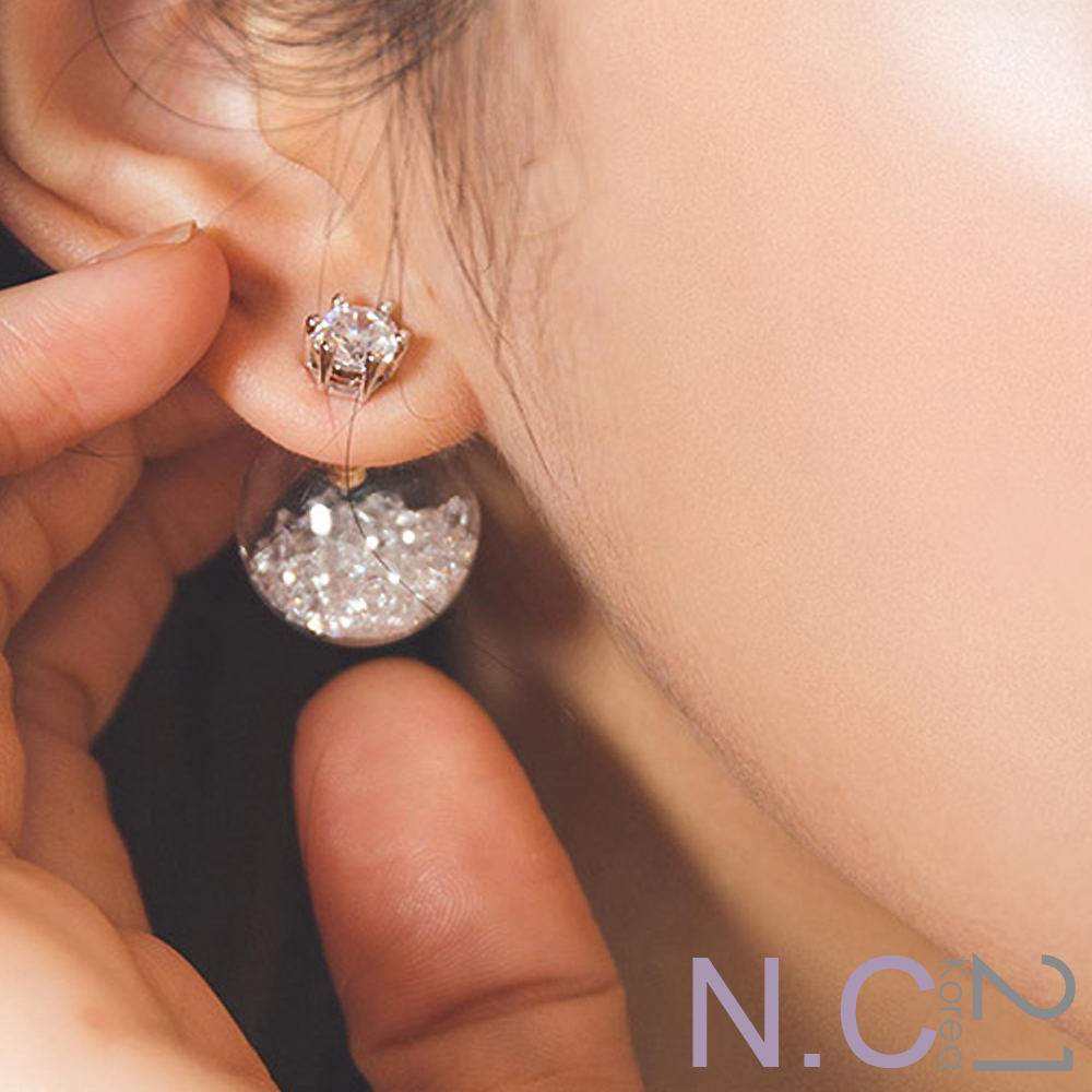 N.C21-韓系晶鑽玻璃球雙面配戴耳環 (銀色)