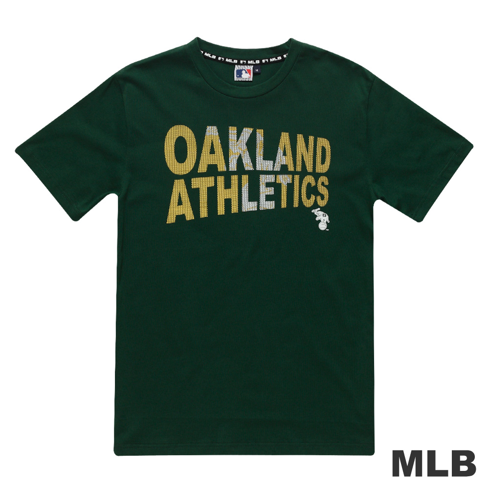 MLB-奧克蘭運動家隊遮色文字LOGO印花短袖T恤-深綠(男)