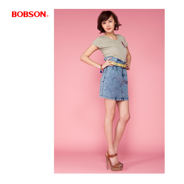 BOBSON 女款高腰頭牛仔短裙(藍D093-58)
