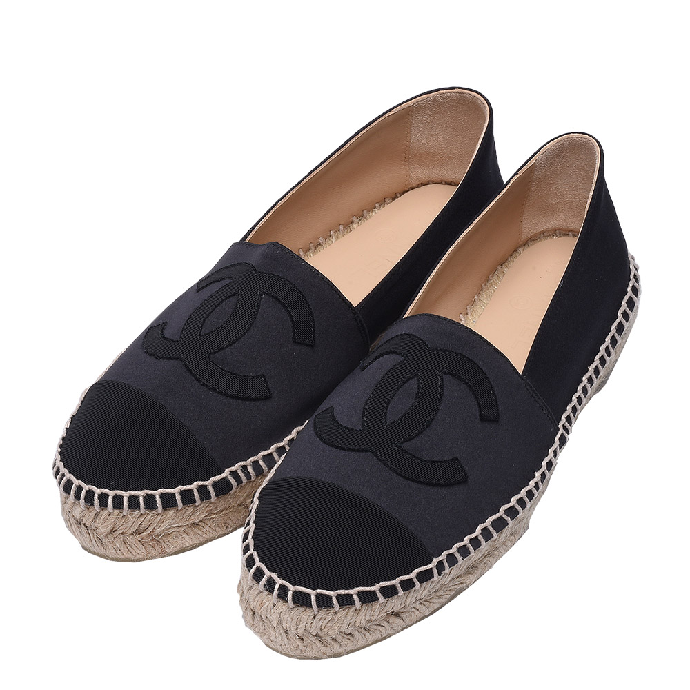 CHANEL 經典Espadrilles小香LOGO緞面厚底鉛筆鞋(黑)