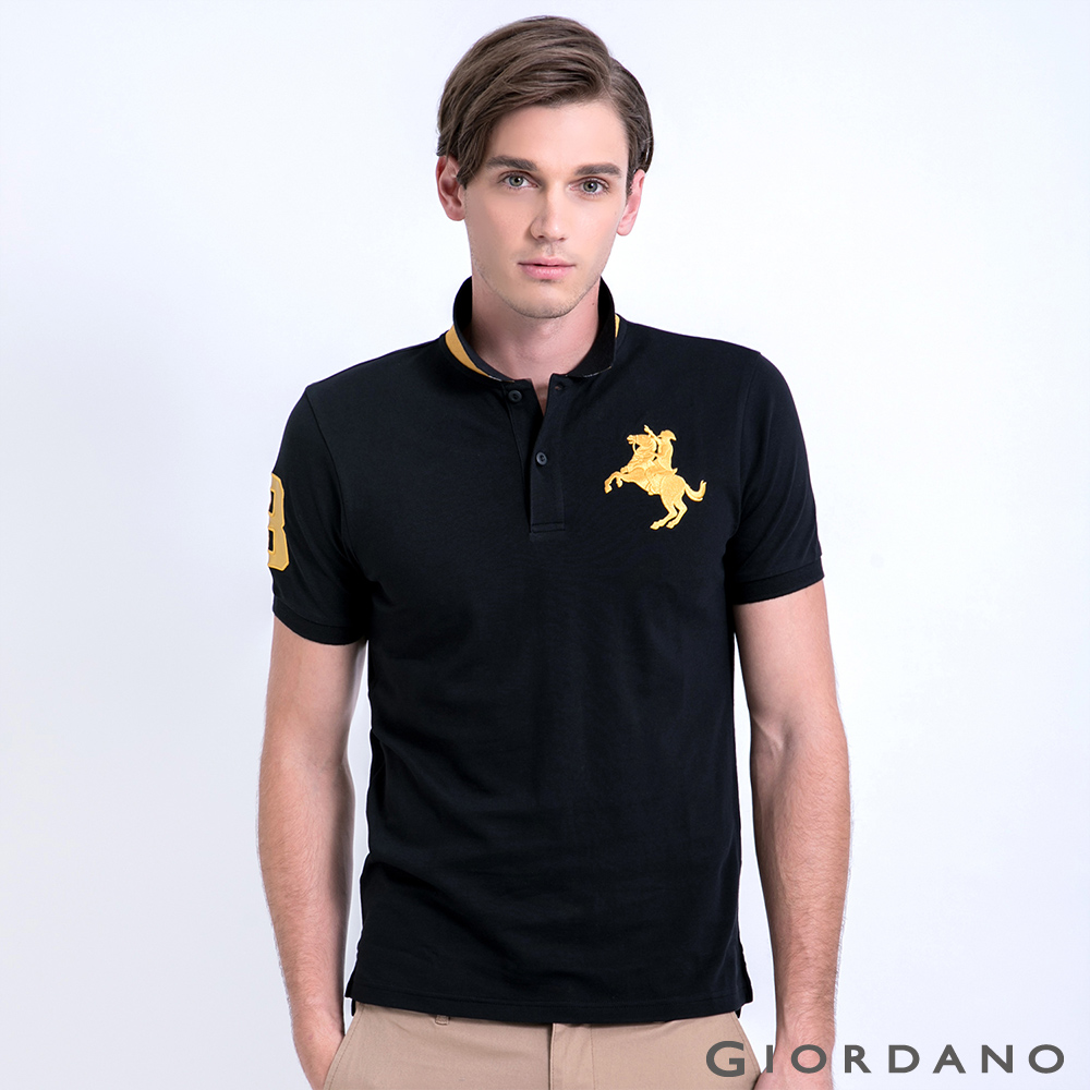 GIORDANO 男裝拿破崙刺繡彈性POLO衫-43 標誌黑