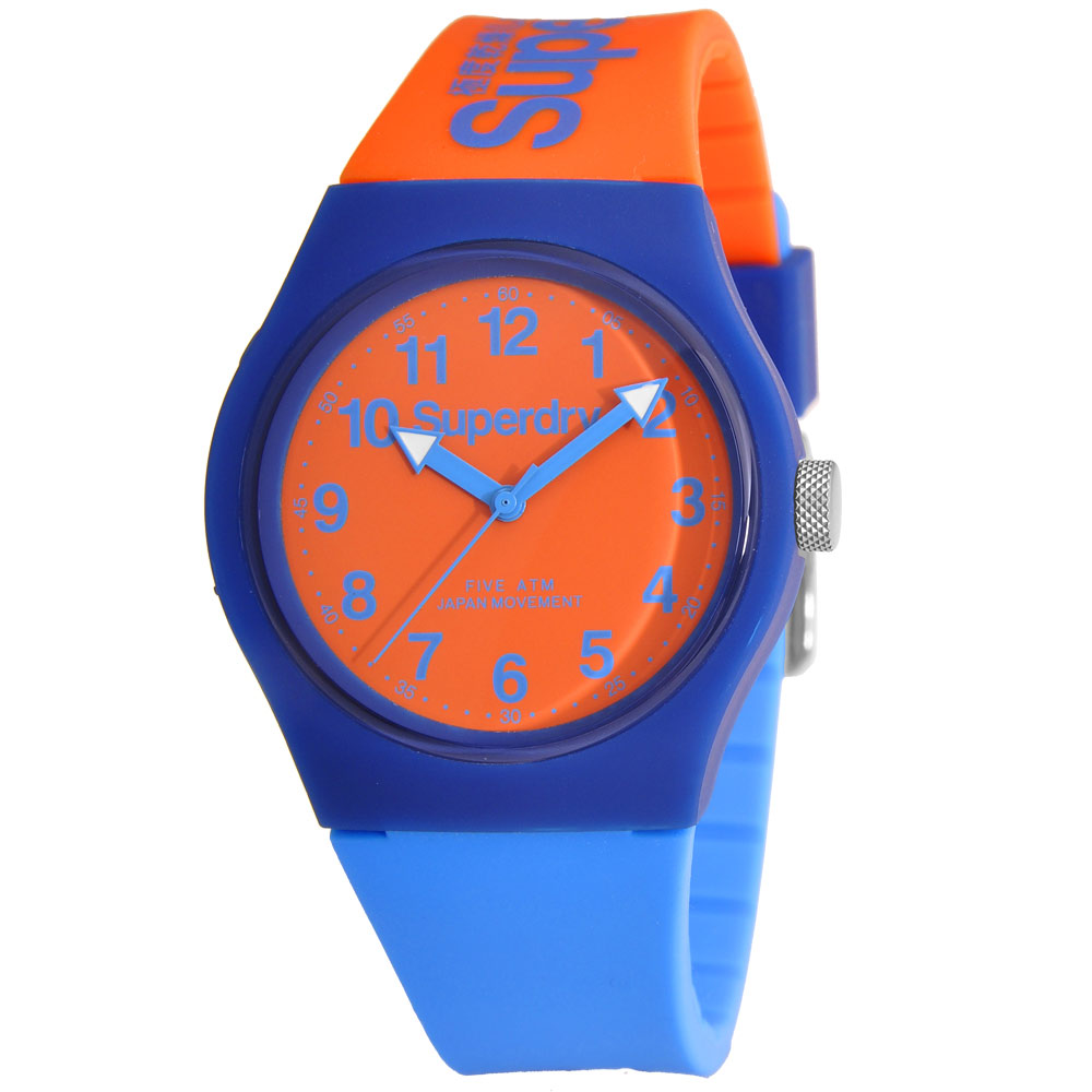 Superdry 極度乾燥 多彩 矽膠 運動腕錶-橘藍帶/橘面/37mm