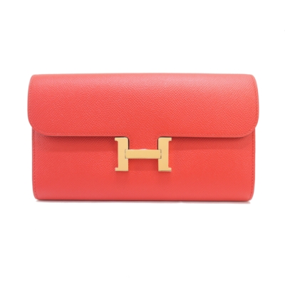 HERMES CONSTANCE 防刮EP牛皮H壓釦長夾(番茄紅S5/金釦)