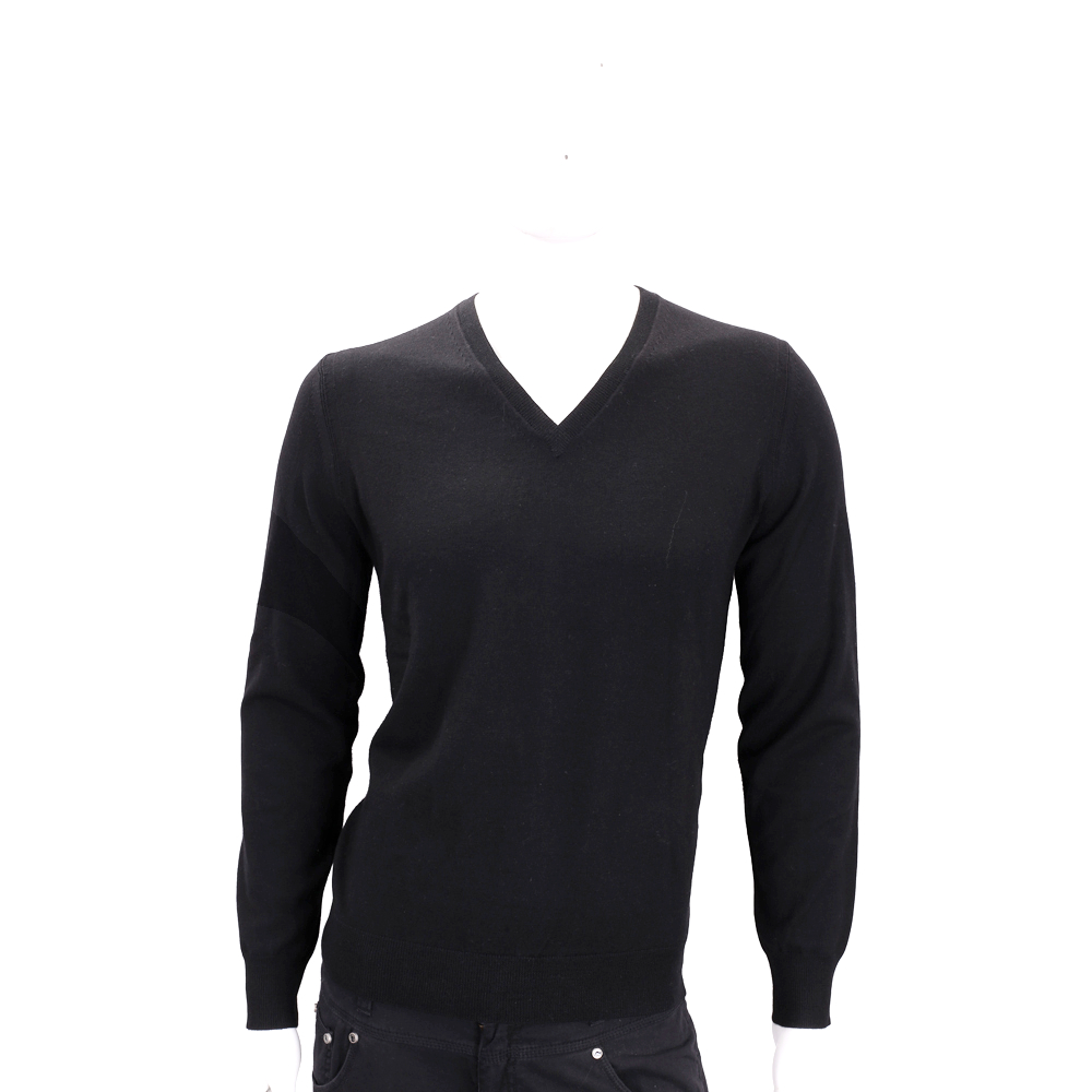 BURBERRY 黑色手肘格紋細節設計羊毛V領針織衫(100%WOOL)