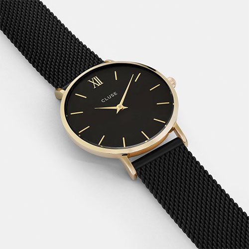 CLUSE荷蘭精品手錶 MINUIT金色系列 黑錶盤/黑色金屬錶帶33mm