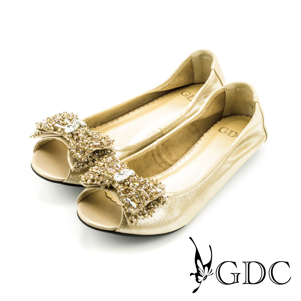 GDC-水滴鑽鉓蝶鑽飾魚口羊皮平底鞋-金色