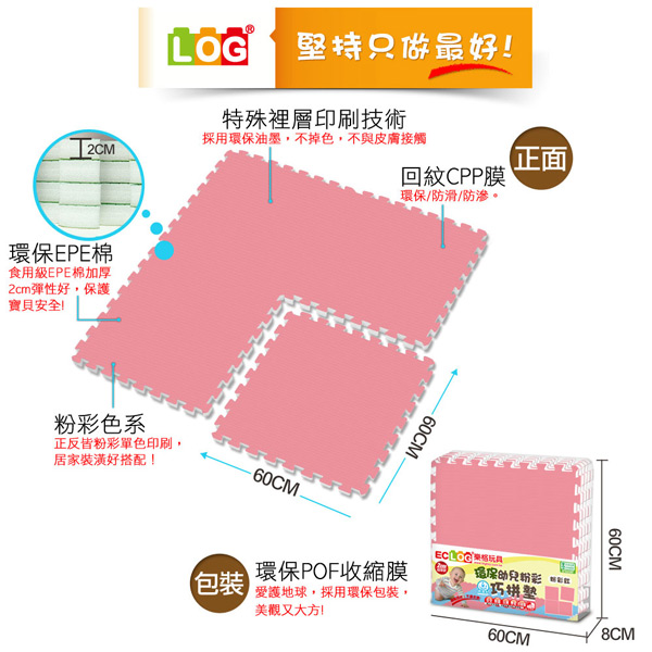 LOG樂格 環保無毒EPE粉彩巧拼墊 -玫瑰粉 (60X60cmX厚2cmX4片)