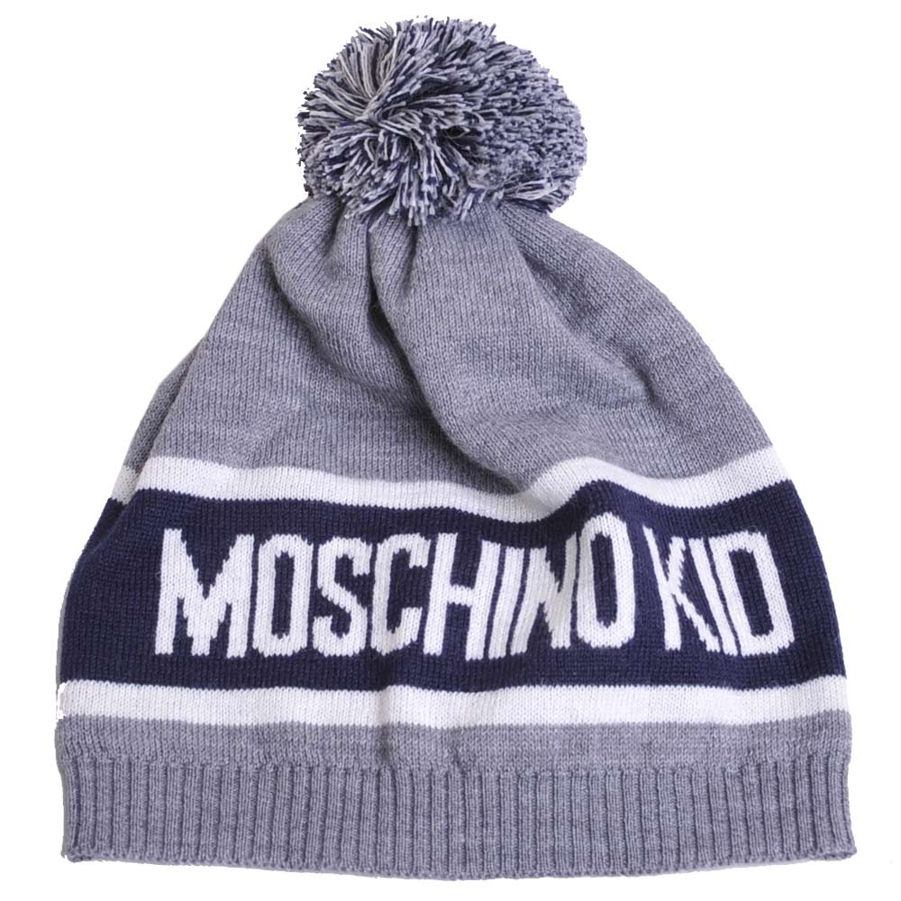 MOSCHINO KID品牌字母大圖騰LOGO高質感薄羊毛帽(灰)