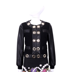 BOUTIQUE MOSCHINO 黑色拼接皮革金環設計羊毛外套