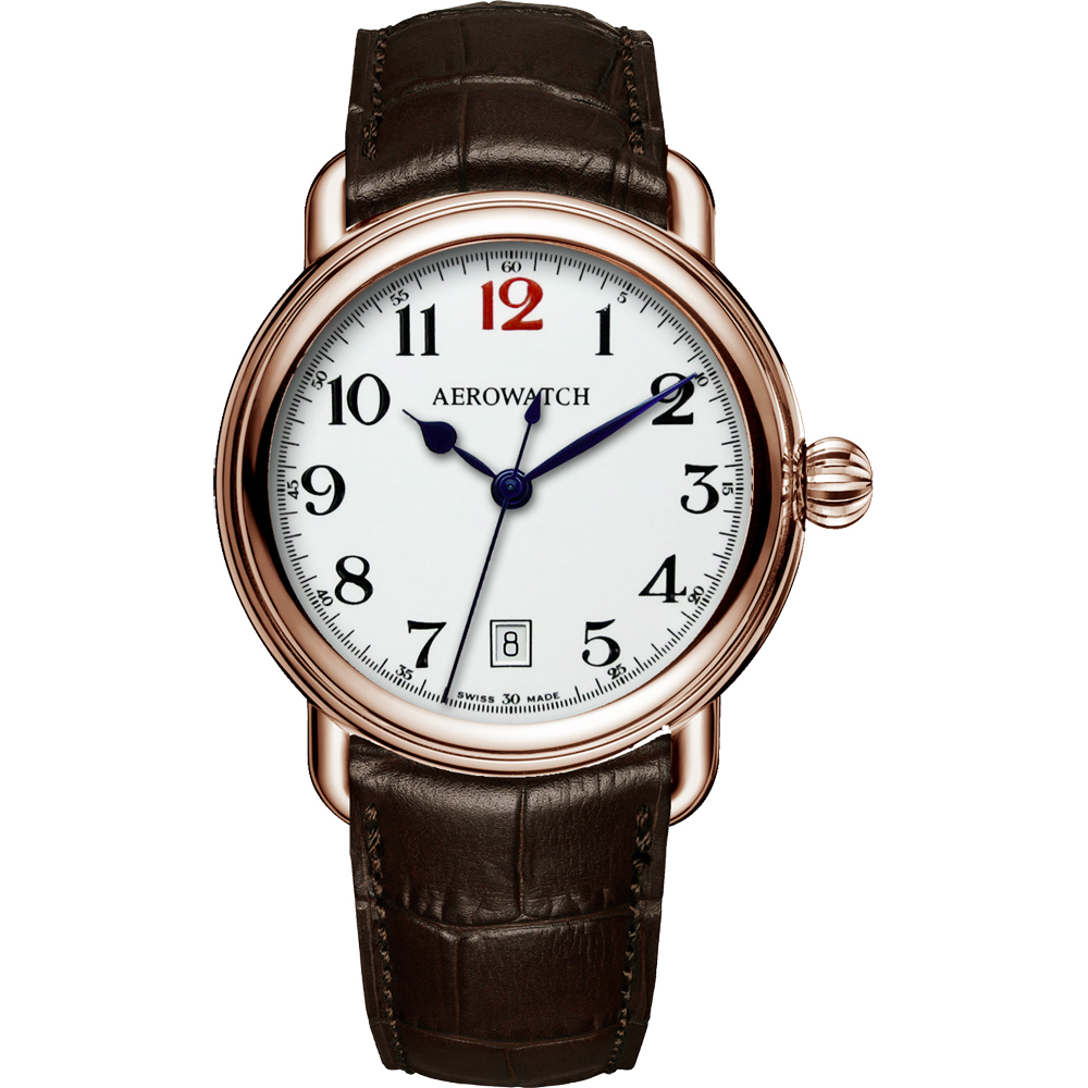 AEROWATCH 搪瓷復刻紳士時尚腕錶-玫瑰金框x咖啡/40mm