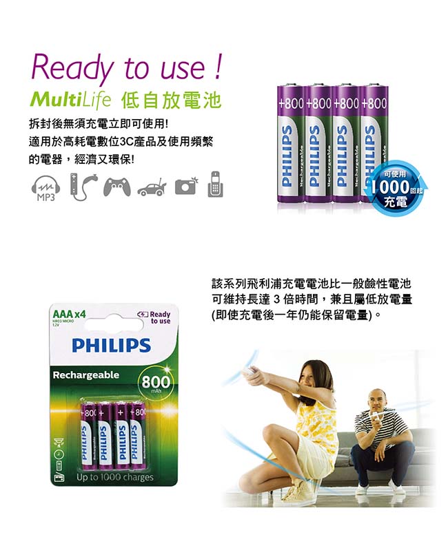 PHILIPS 飛利浦 AAA 4號 800mAh 低自放鎳氫充電電池(4入)