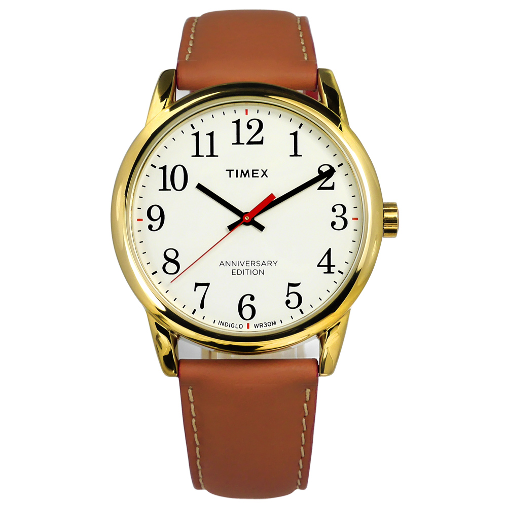 TIMEX 天美時 40週年美國指標復古數字時刻真皮手錶-米白x金框x咖啡/38mm