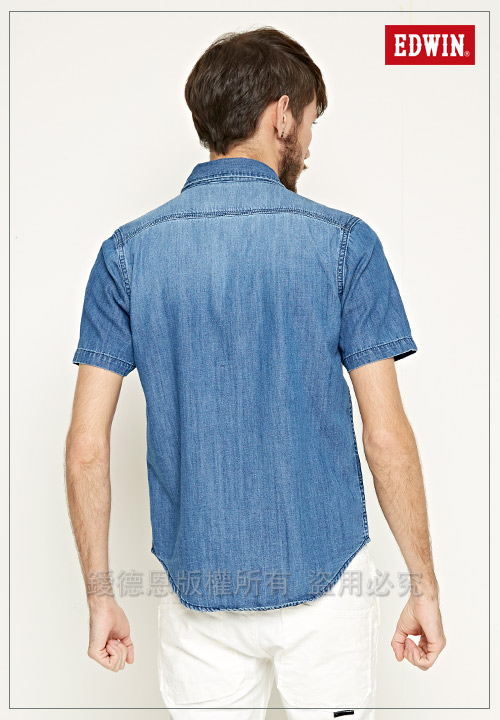 EDWIN 輪胎印條紋短袖襯衫-男-拔洗藍