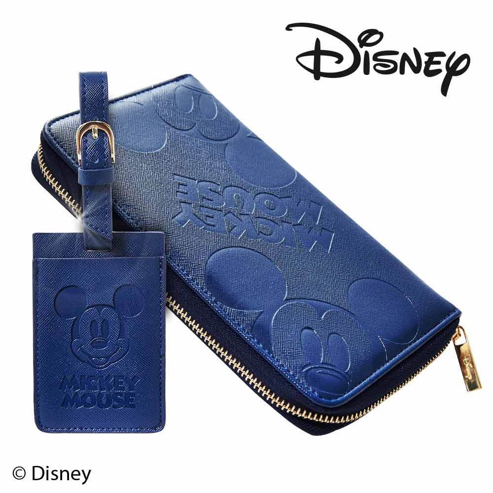 Diseny 迪士尼高質感十字皮革紋旅行護照包/吊牌組(寶藍)