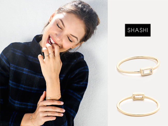 SHASHI 紐約品牌 Baguette 方形單鑽戒指 925純銀鑲18K金