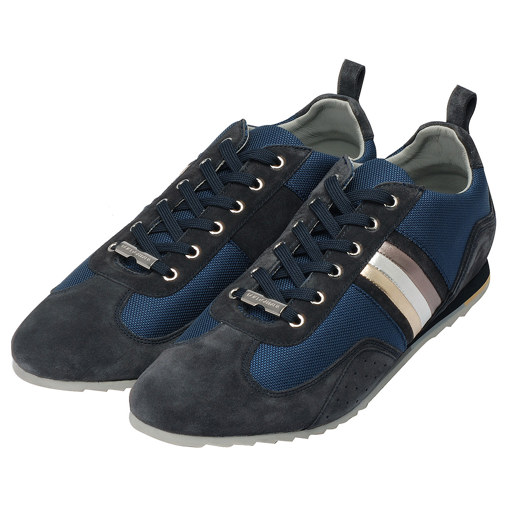 DOLCE&GABBANA 品牌銀牌三色斜紋造型麂皮休閒鞋(藏藍X深藍)