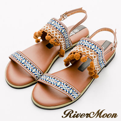 River&Moon大尺碼-寬版圖騰球球一字Q軟底涼鞋-棕