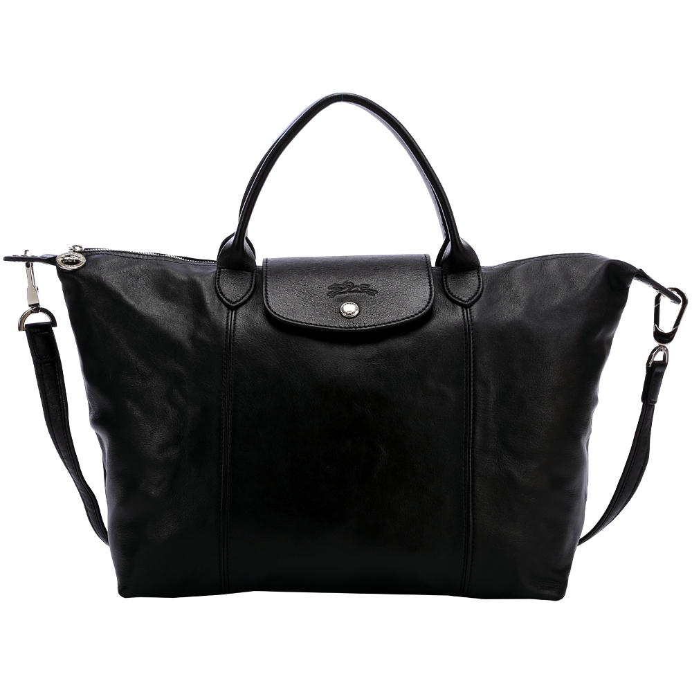 LONGCHAMP Le pliage Cuir 短把皮革摺疊兩用包(中/黑色)