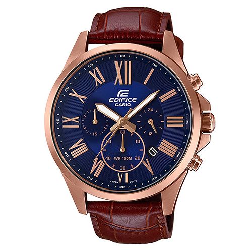 EDIFICE超大表面設計羅馬時刻城市錶(EFV-500GL-2A)藍面x咖啡色錶帶/47mm