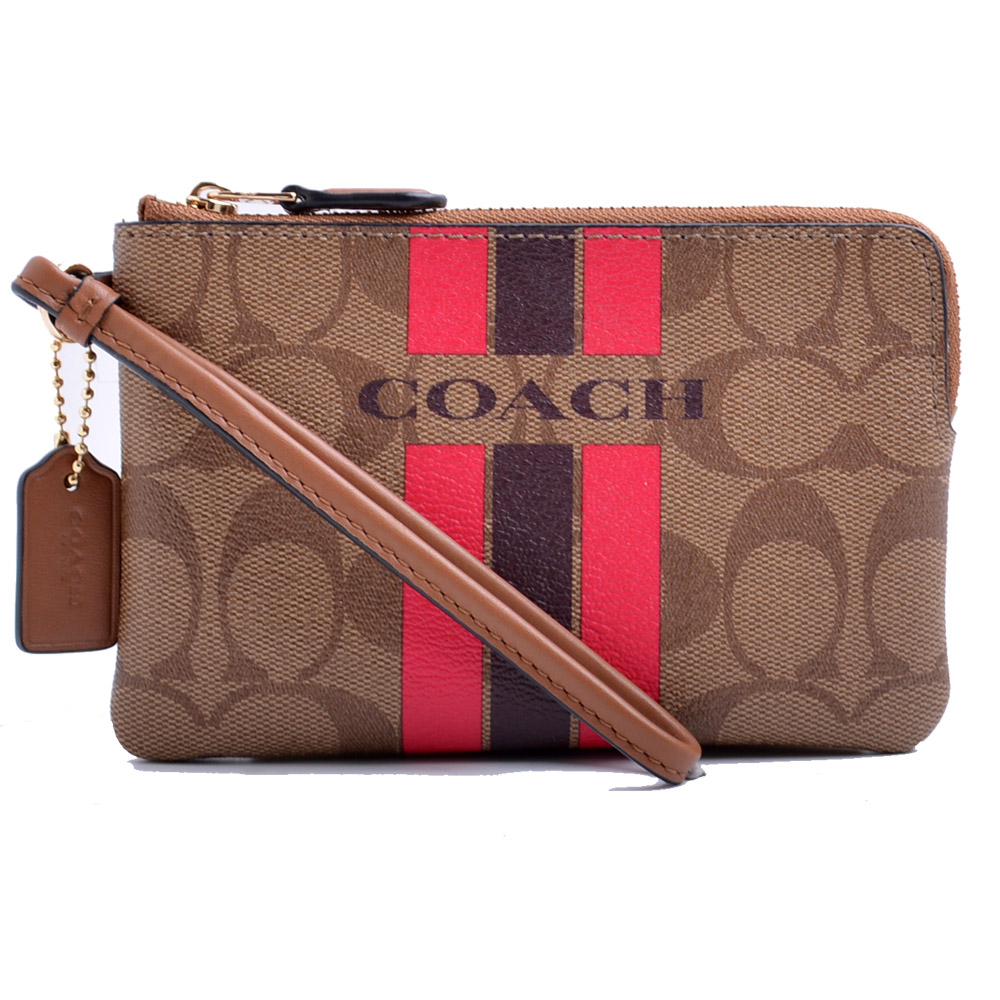 COACH 防刮皮革LOGO雙色條紋L型拉鍊手拿包-卡其/桃紅