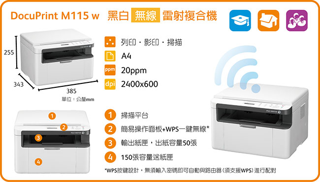 FujiXerox M115w 黑白雷射無線複合機