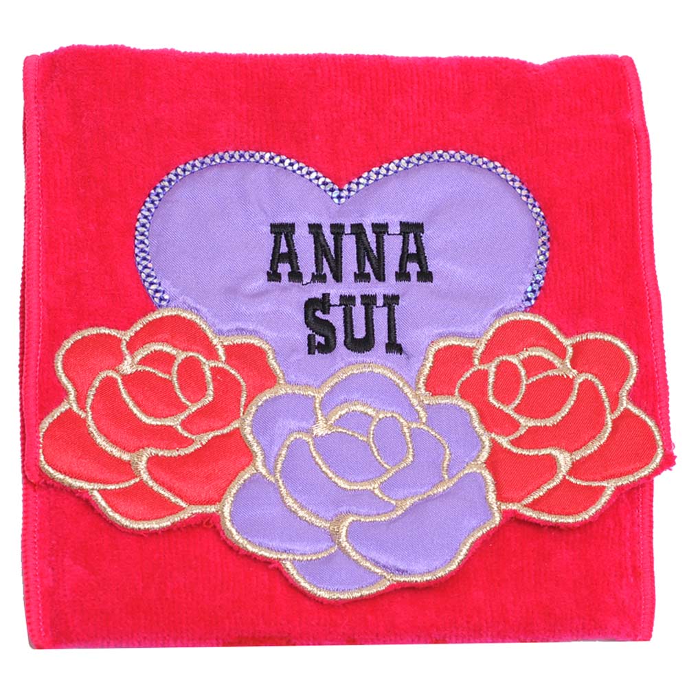 ANNA SUI 優美玫瑰愛心字母刺繡圖騰機能方巾袋(桃紅)