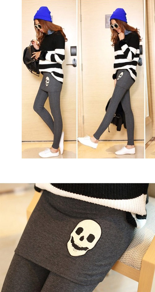 骷顱圖案內加絨包臀假兩件裙褲 (深灰色)-CIAO妞