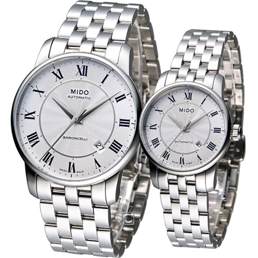 MIDO 美度 官方授權 Baroncelli II 永恆機械對錶-白/鋼帶/38+29mm M86004211+M76004211