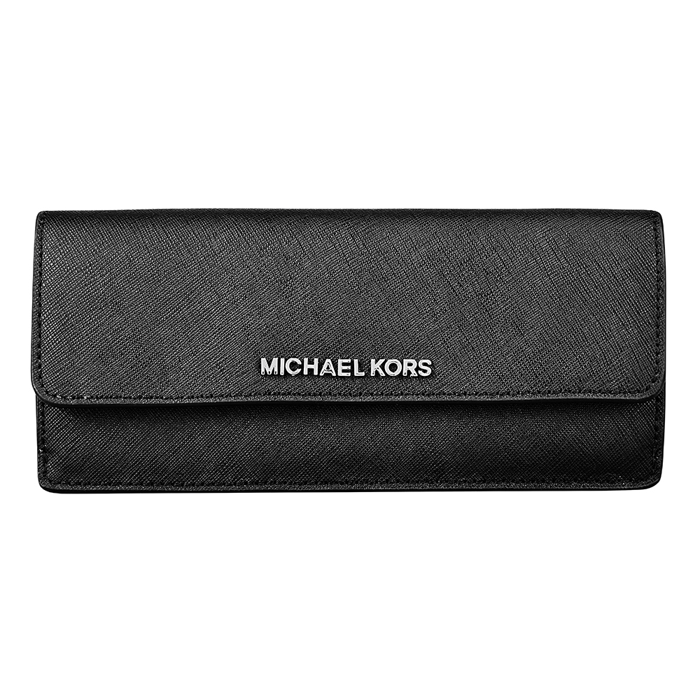 MICHAEL KORS JET SET TRAVEL銀字LOGO防刮牛皮釦式長夾(黑)