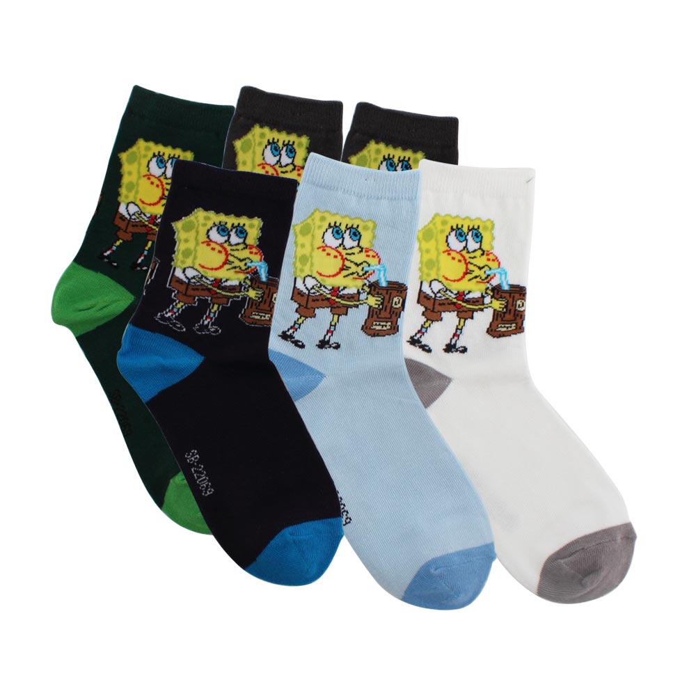 Spongebob海綿寶寶-海綿寶寶喝飲料棉質童襪6入(21-24cm)