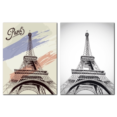 美學365-兩聯客製化掛飾壁鐘時鐘畫框無框畫藝術掛畫-巴黎鐵塔-30x40cm