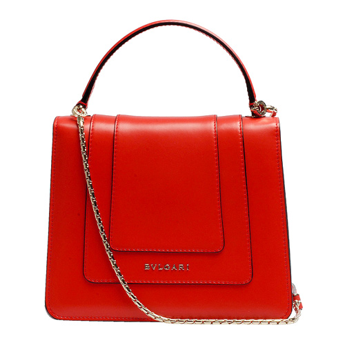 BVLGARI 寶格麗 Serpenti系列小牛皮琺瑯蛇頭釦環金鍊三層手提/肩背包(紅)