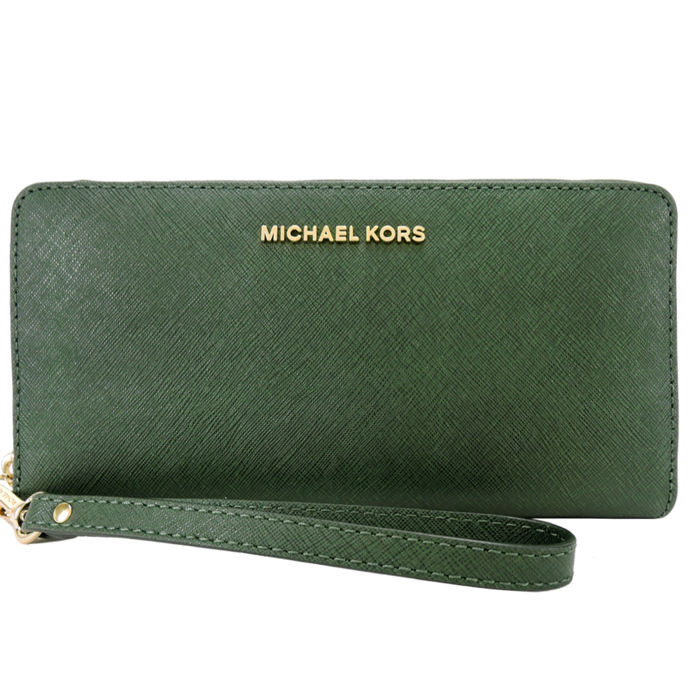 MICHAEL KORS 金字防刮牛皮對開拉鍊手拿包/長夾(墨綠)