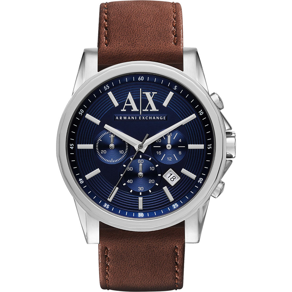 A│X Armani Exchange 時尚三眼計時腕錶-藍x咖啡/44mm