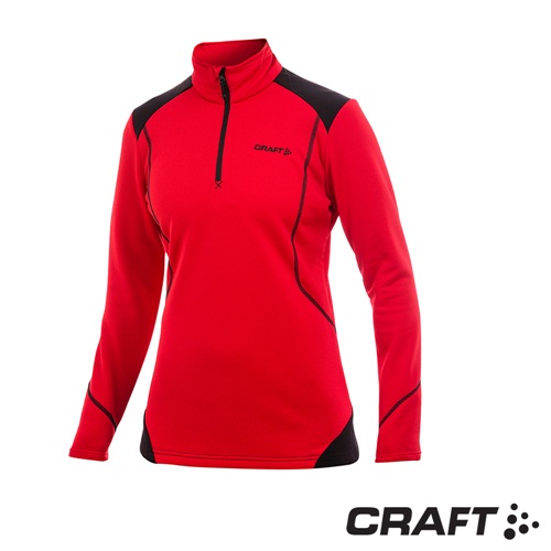 【瑞典 Craft】女款 立領半門襟長袖拉鍊中層衣_紅/黑