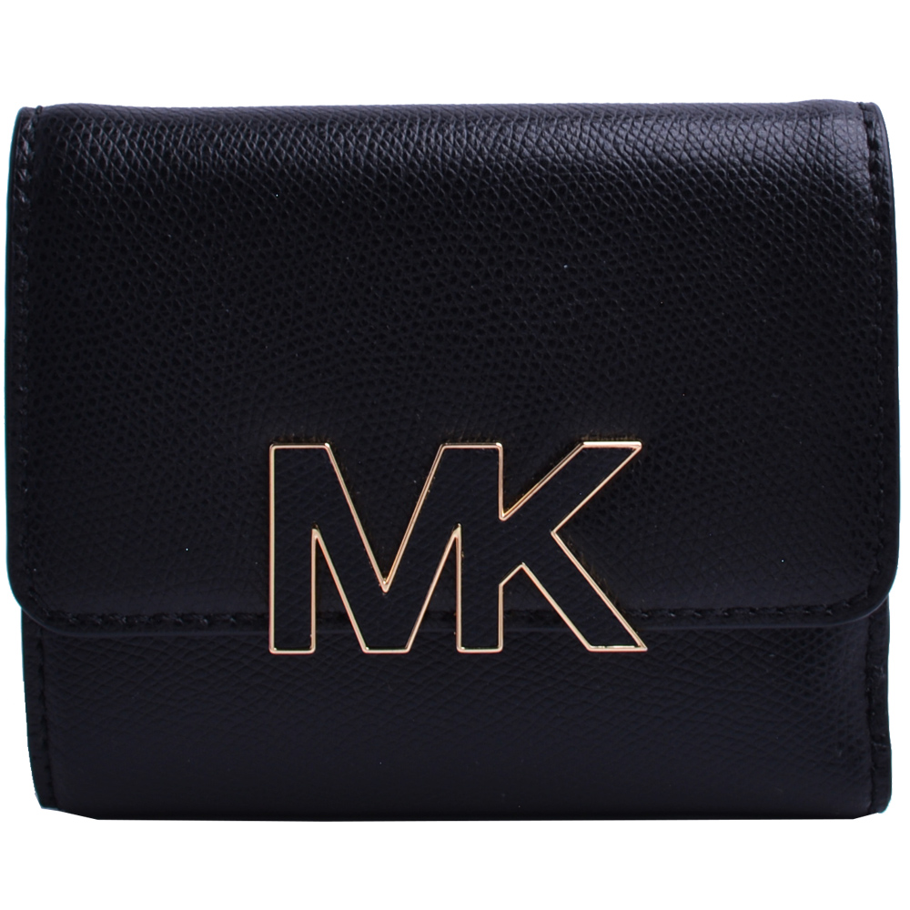 MICHAEL KORS Florence MK LOGO荔枝紋防刮皮革釦式短夾-黑