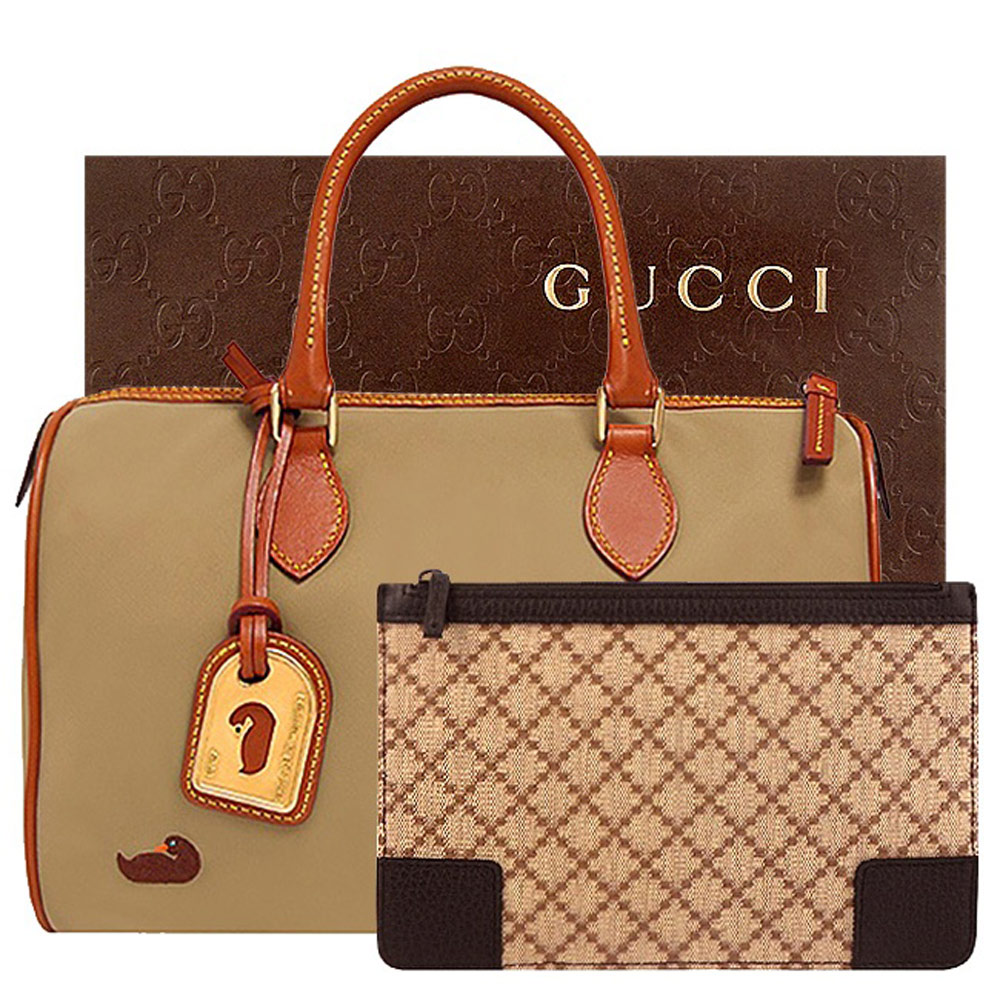 GUCCI 咖啡色菱格織紋零錢包+DOONEY & BOURKE 波士頓包