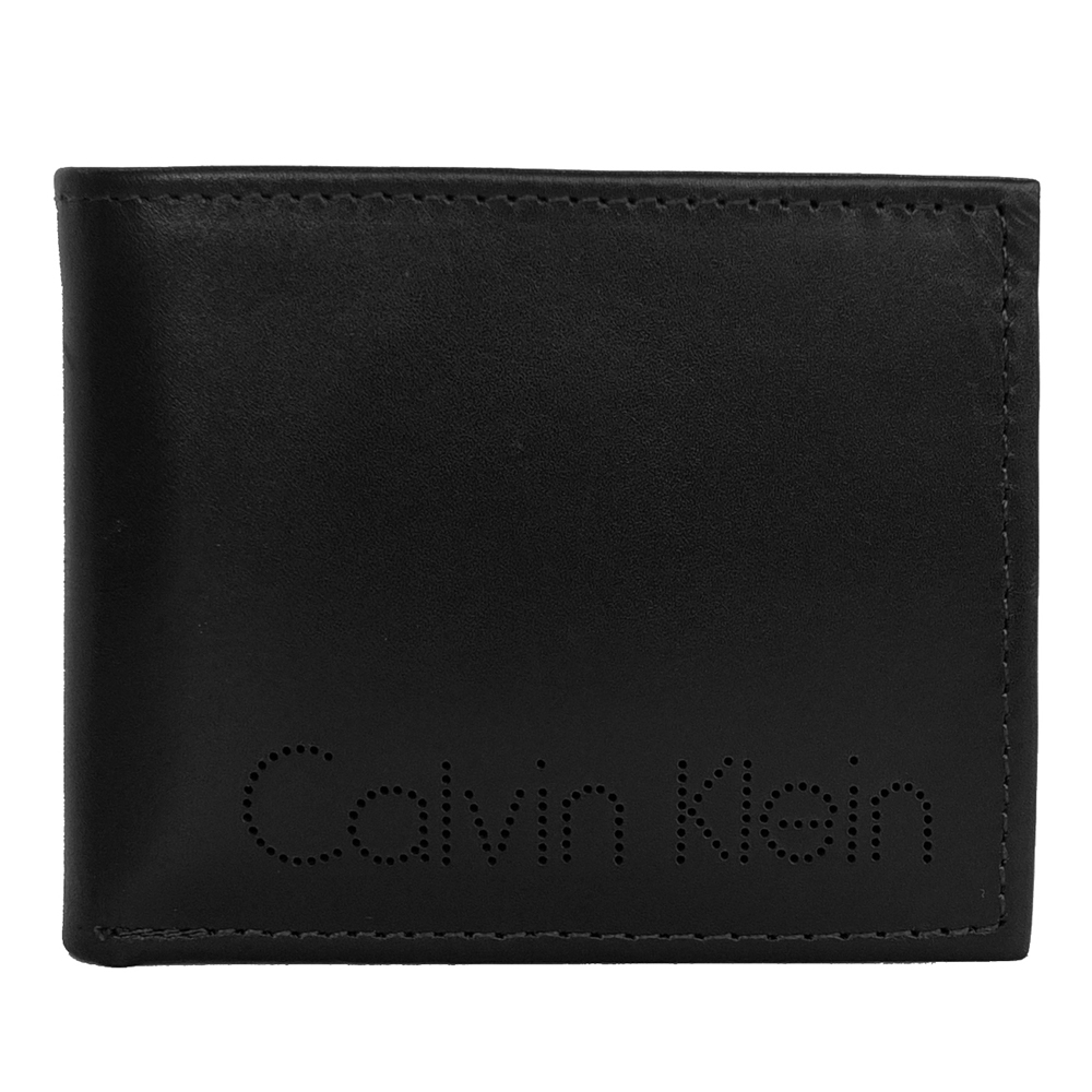 Calvin Klein CK黑色真皮點狀CK Logo壓紋雙摺短夾