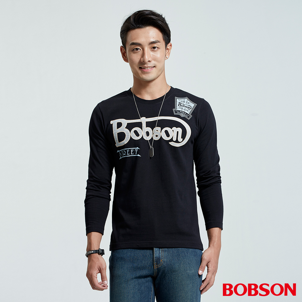 BOBSON  男款Logo修身長袖黑色上衣