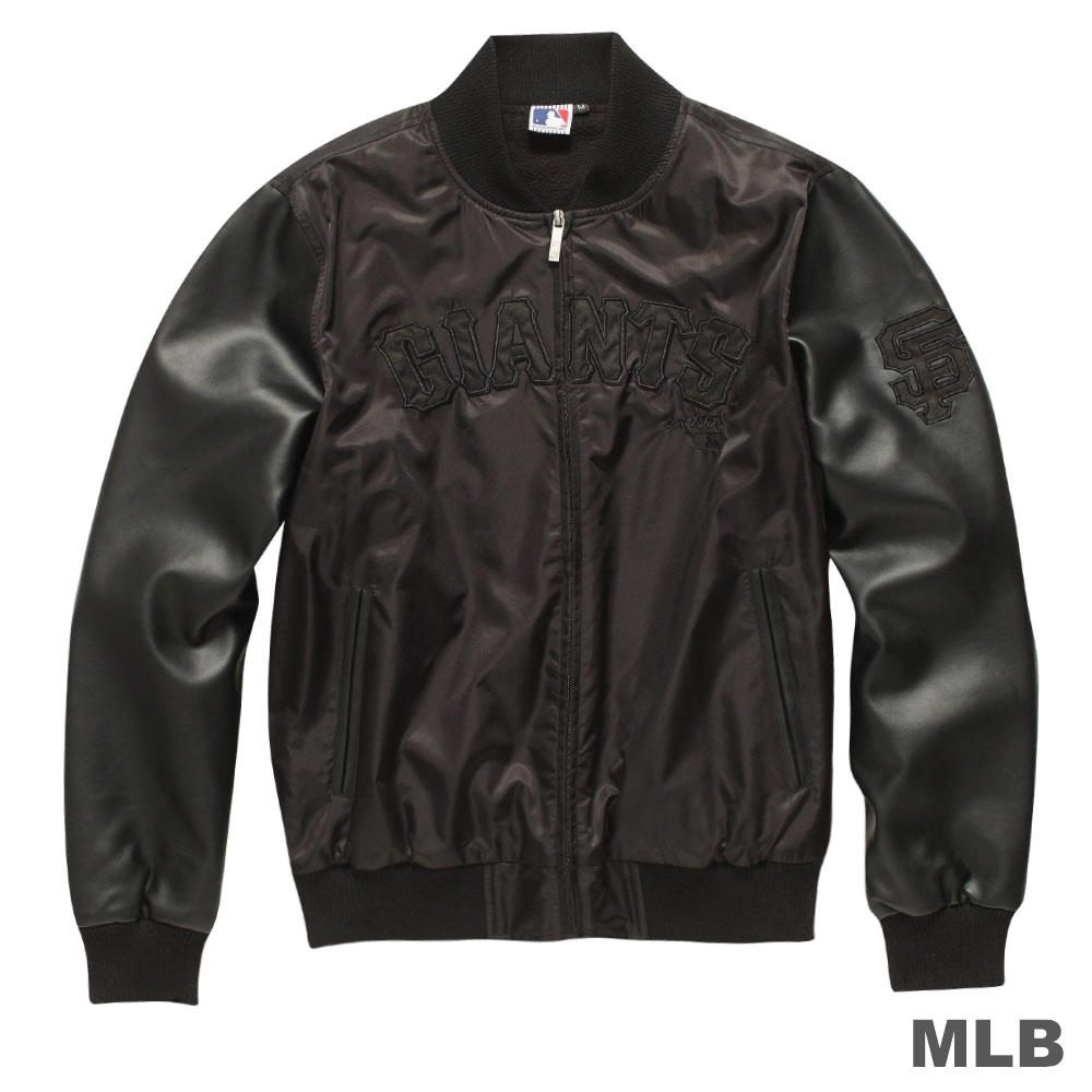 MLB-舊金山巨人隊風衣仿皮袖合身棒球外套-黑(男)
