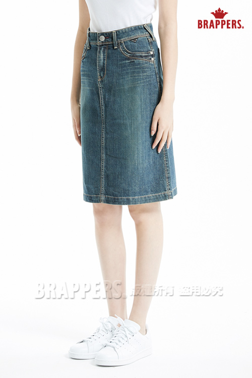 BRAPPERS 女款 新美腳ROYAL系列-彈性鑲鑽七分後開叉裙-深藍