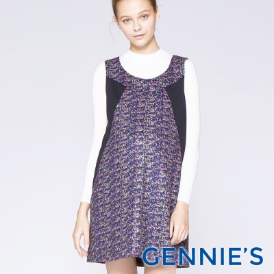 Gennies專櫃-優雅拼色背心洋裝-藍(T2C03)