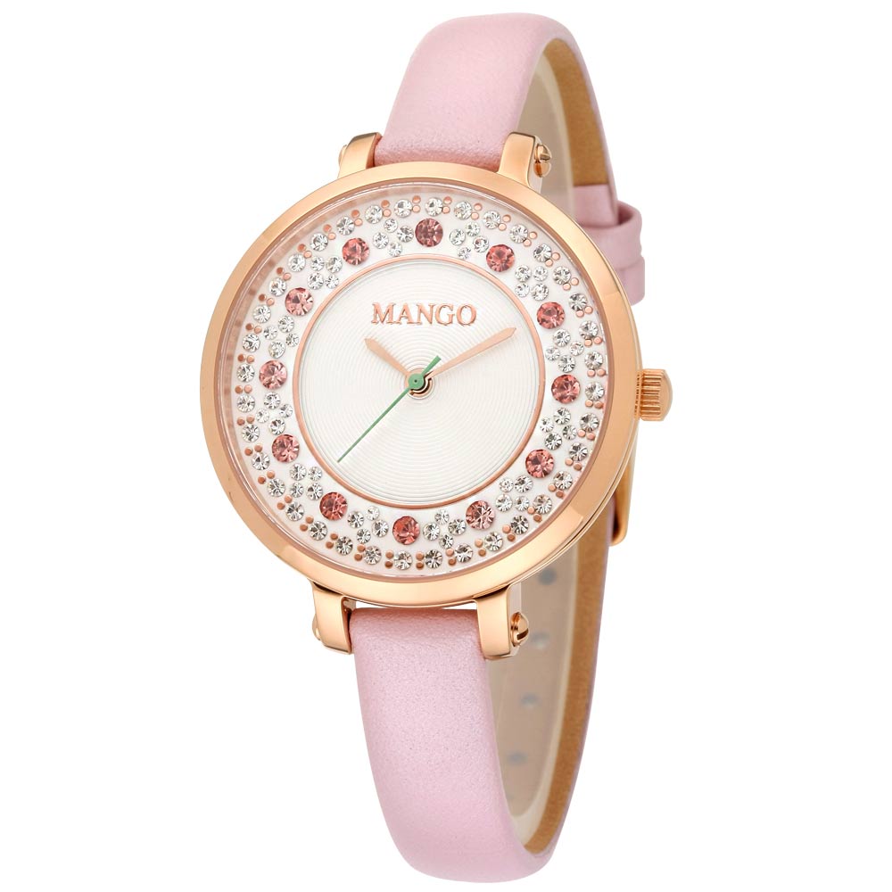 MANGO 耀眼甜心晶鑽時尚腕錶-粉/34mm