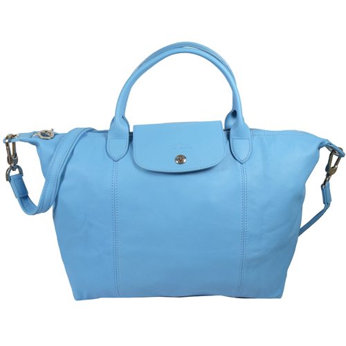 LONGCHAMP Le Pliage Cuir 折疊小羊皮短把兩用包(水藍/M)