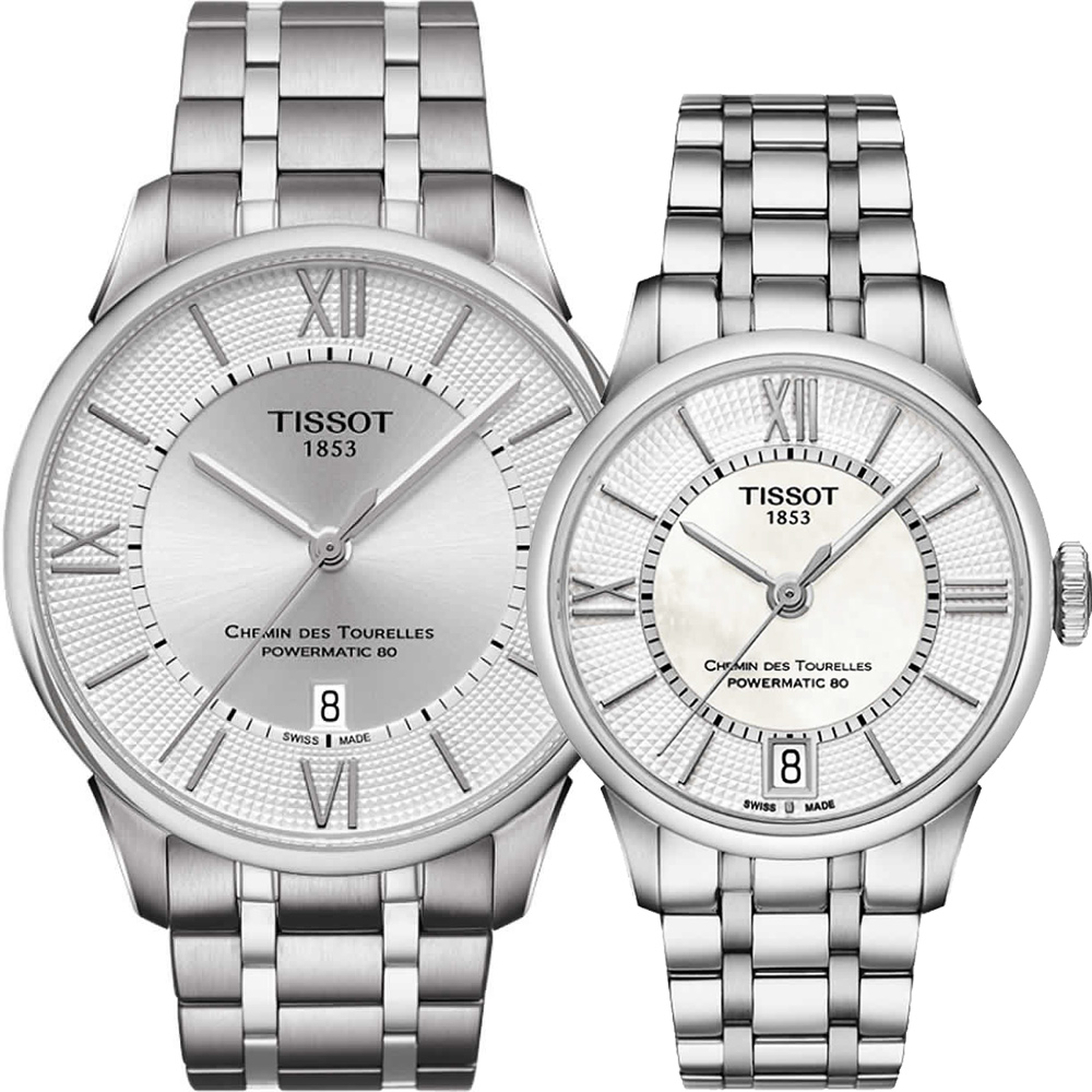 TISSOT 天梭 官方授權 杜魯爾系列機械動力80對錶-銀/42+32mm T0994071103800+T0992071111800