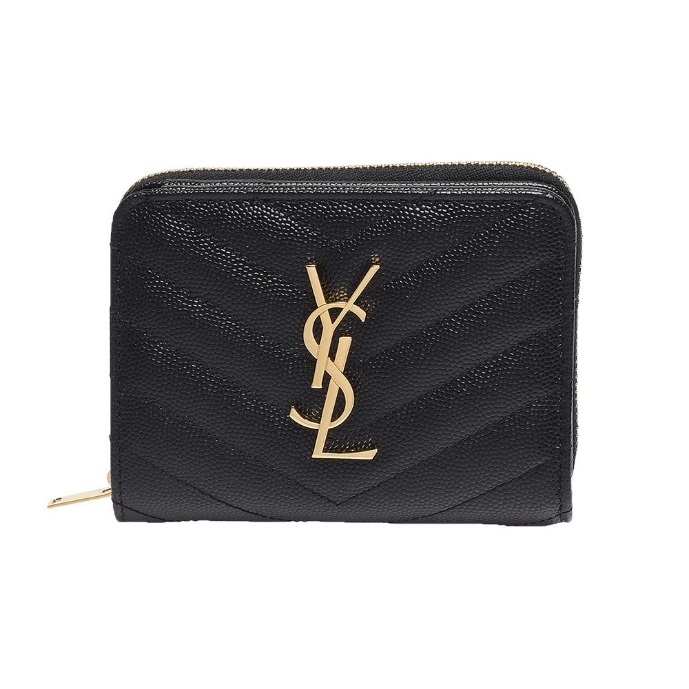 YSL MONOGRAM系列V字縫線魚子醬牛皮金色LOGO暗釦對折短夾(黑)