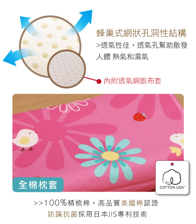 鴻宇HongYew 防蹣抗菌幼童乳膠枕 快樂花園-美國棉